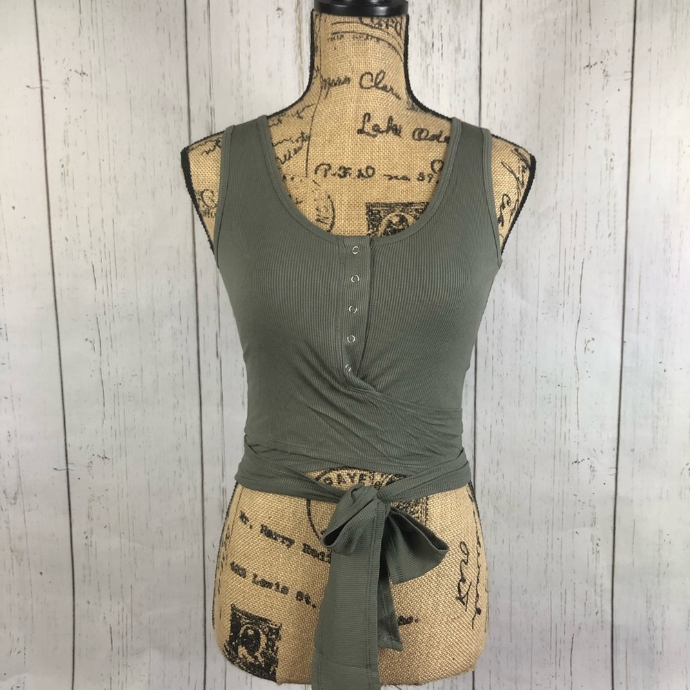 Wrap Around Ribbed Button Tank - Olive